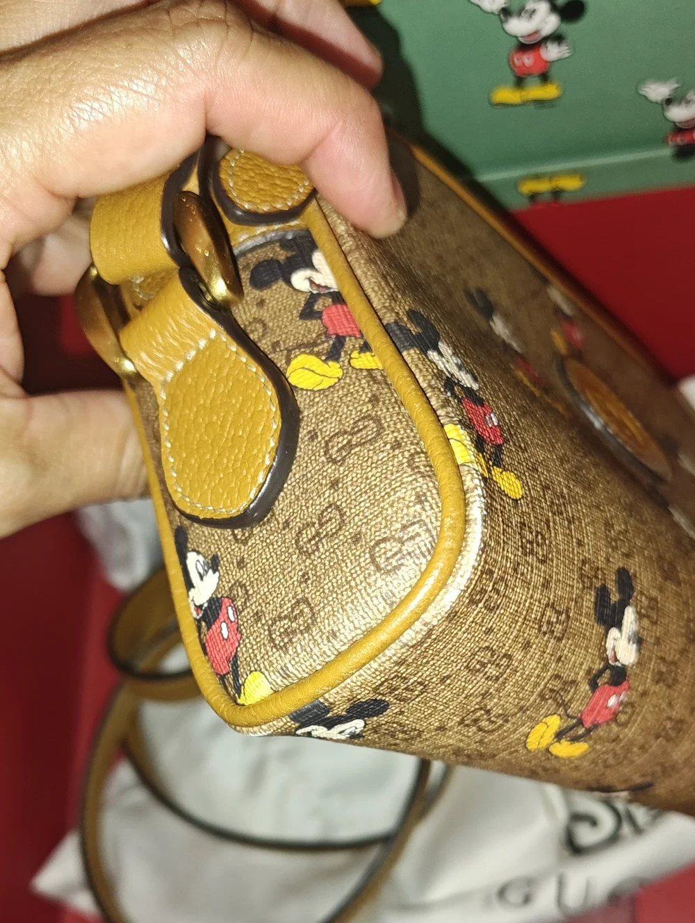 Guccix Disney Mickey Mouse GG Supreme Coated Canvas Crossbody Bag Brown